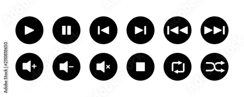 Tableau sur toile Clean vector set of black circular media player icons including play pause volume control and playback buttons on white background