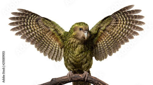 Kakapo gently spreading its wings to reveal detailed feather structure, isolated on transparent background