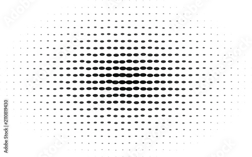 Black oval shape halftone pattern with a horizontal gradient effect on a white background, for texture and, abstract visual