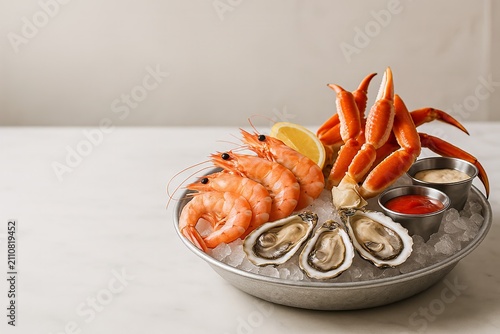 Seafood Platter on White Marble with Copy Space