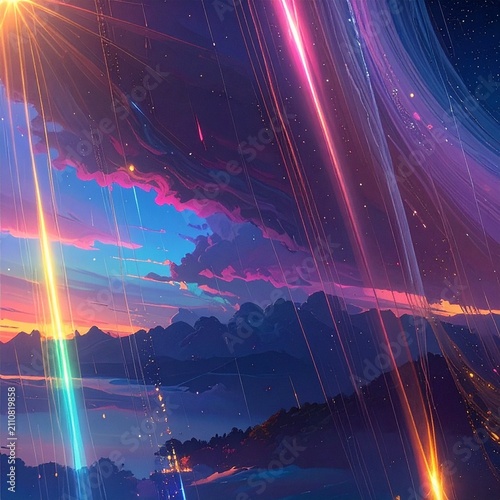 Vibrant Night Sky with Colorful Light Trails Over Dreamy Landscape