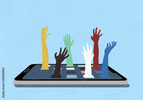 Multicolored hands reaching up from smart phone screen