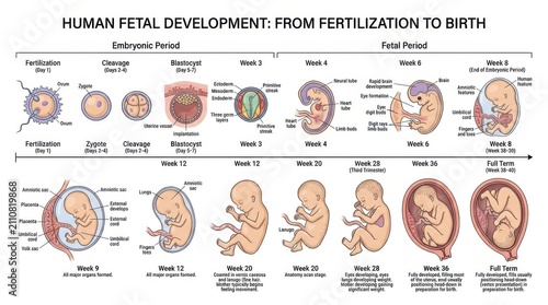 Human fetal development chart. Medical illustration of pregnancy stages from fertilization.