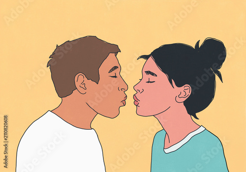 Couple with puckered lips about to kiss face to face