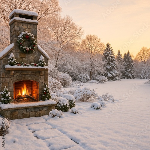 Snowy Winter Garden with Stone Fireplace at Golden Hour