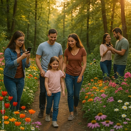 People Strolling Through Spring Flowers in Forest
