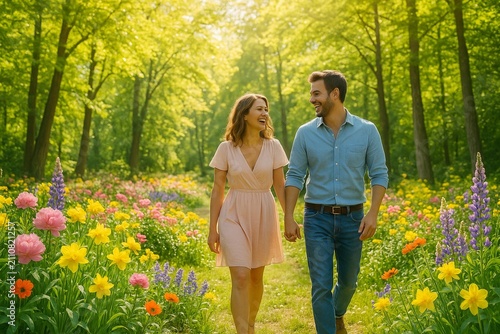 Couple Strolling in Vibrant Spring Garden