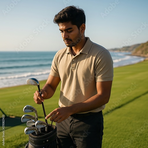 Young Golfer Selecting Club at Coastal Driving Range