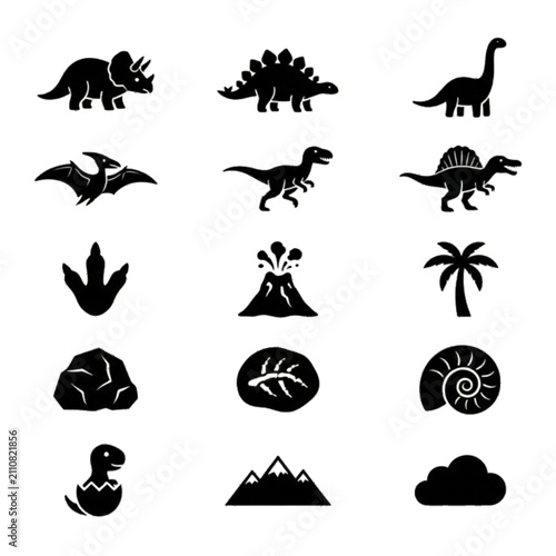 Foto Create a premium collection of exactly 25 unique solid black silhouette vector icons related to Cute Dinosaurs