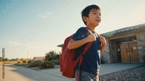 Chinese Boy First Day School Backpack Excited Morning Sunlight Primary School Back to School