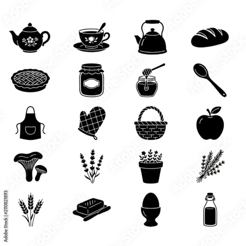 Foto Create a premium collection of exactly 25 unique solid black silhouette vector icons related to Cottagecore Kitchen