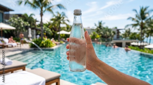 A hand holds a clear glass bottle of water by a sunny poolside with lounge chairs, umbrellas, and palm trees in the background.