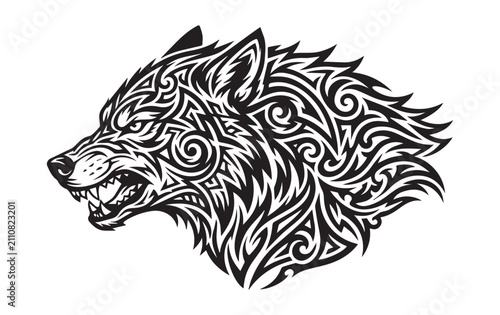 Fotografía Black and white tribal style illustration of a snarling wolf head with intricate