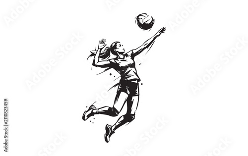 Dynamic black and white ink sketch of a female volleyball player jumping to spike the ball