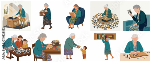 Принти на полотні Senior woman preserving family history and sharing memories with grandchildren, flat vector illustration set of elderly lady organizing old photos and archives