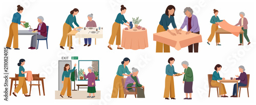 Schilderij op canvas Young woman caregiver assisting elderly senior woman in daily activities at home