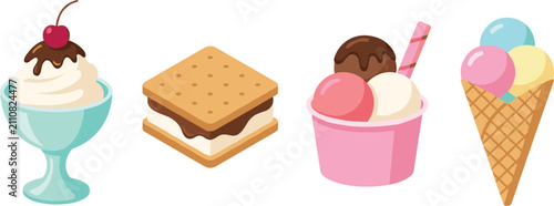 Sweet summer dessert vector icon set with ice cream sundae waffle cone and biscuit sandwich