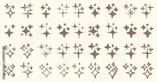 Hand-Drawn Boho Sparkle Stars Collection. Set Of Cute Sparkling With Grain Textured Effect.
