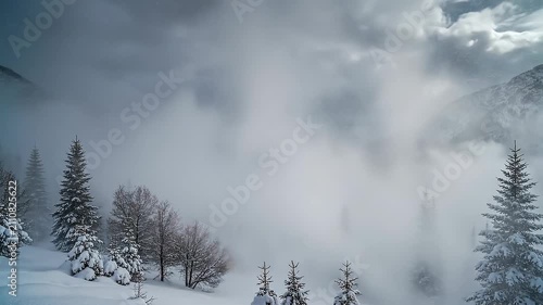 Misty winter forest landscape with snow covered trees and fog under cloudy sky