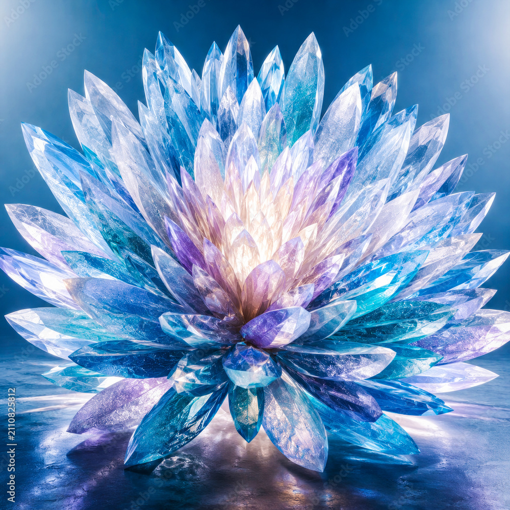 Obraz premium a luxurious abstract sculpture made of hundreds of translucent quartz petals unfolding from a central core into a spectacular radial bloom