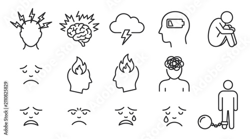 Mental health, stress, and emotional wellness line icon set.