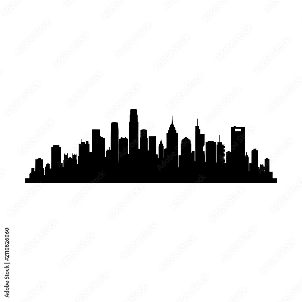 Fototapeta premium A high-contrast black and white graphic illustration featuring the iconic silhouette of a sprawling metropolitan city skyline, showcasing diverse architectural structures.