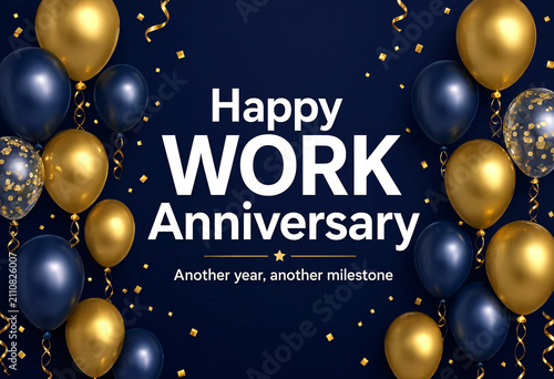 Celebrate work anniversary with elegant gold and navy balloons and confetti decorations