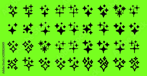 Set Of Pixel Stars Vector Design. Bitmap Spark Shapes.