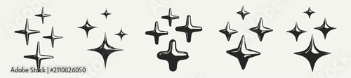 Set Of Chrome Effect Star Spark Vector Design. Collection Of Cool Y2k Sparkling Shine 3d Shape. Acid Rave Graphic Elements.