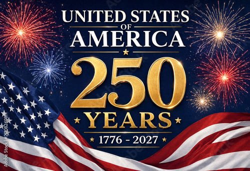 Celebrate the united states of america 250 years anniversary with fireworks and waving flag design
