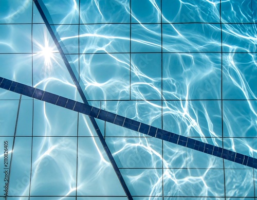 Aerial view captures sunlit water in a pool. Surface ripples create intricate patterns, intersecting at dark tiles