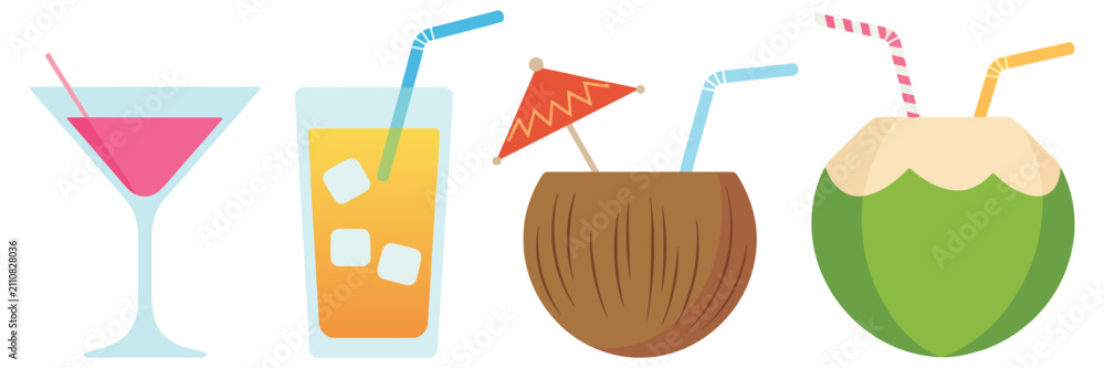 Obraz premium Summer cocktail vector set with pink martini, tropical coconut and iced orange juice drinks in modern flat design