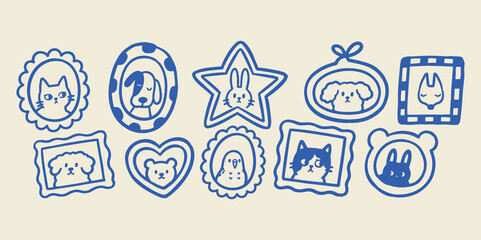 Papier peint photo Chambre d’enfants Pet Portrait Frames Hand Drawn Doodle Vector Illustration  © Victoria