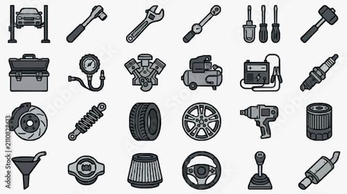 Industrial Black and White Line Drawing Set of 25 Essential Auto Repair Tools and Car Parts with high quality professional line art symbols for modern creative design and digital branding projects