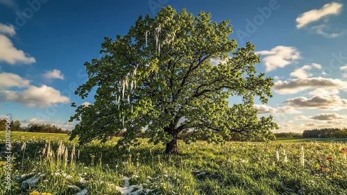 Tree showing winter snow and summer green leaves in vibrant seasonal contrast under bright sun