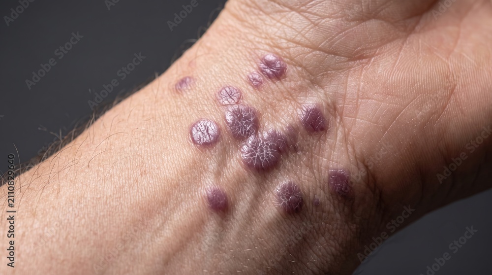 Fototapeta premium Violaceous polygonal papules of lichen planus on male wrist