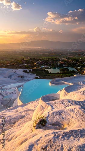 Aerial view captures tiered mineral pools with turquoise water, juxtaposed against a distant landscape, illuminated by a warm sunset