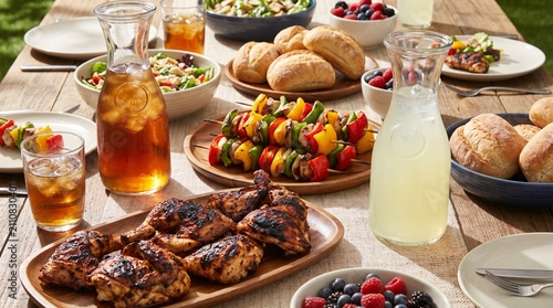 Grilled chicken pieces and vegetable skewers served on rustic wooden table for summer garden party dining
