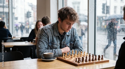 Young man playing chess in cafe during rainy day with urban city street view