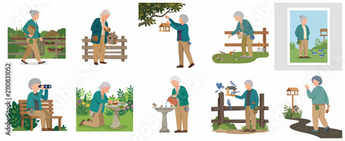 Senior Woman Birdwatching and Feeding Birds Garden Activity Illustration Set