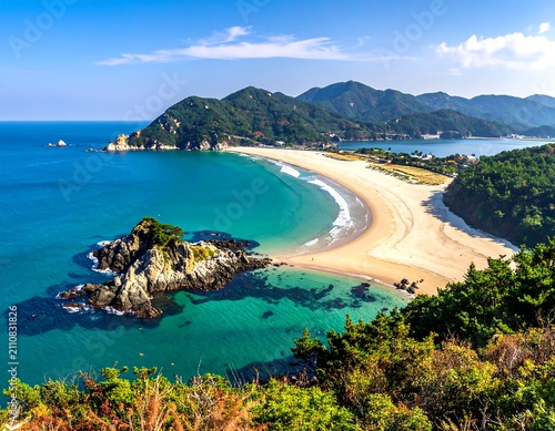 Aerial view of a stunning coastal landscape, showcasing a curved sandy beach, clear turquoise water, and verdant hills