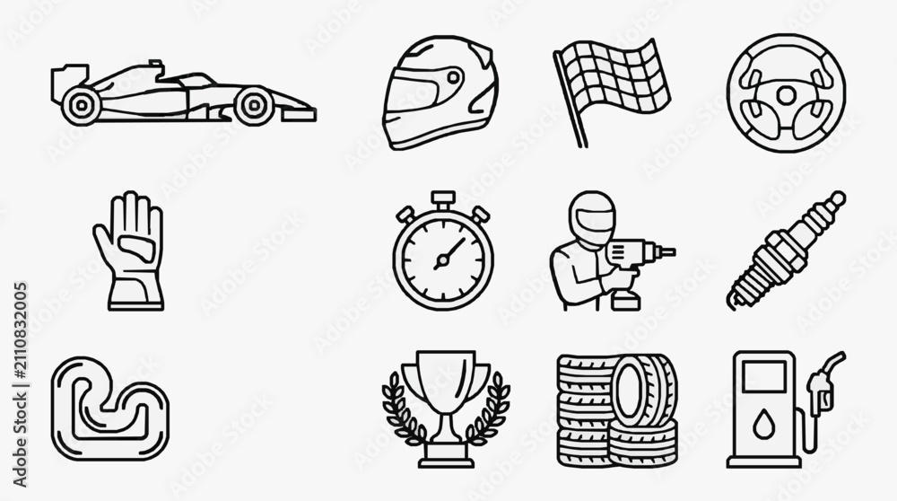 Fototapeta premium Sleek Black and White Line Icons Set Featuring Racing Car Safety Gear Tools and Fuel Elements with high quality professional line art symbols for modern creative design and digital branding projects