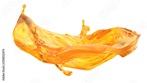 A droplet falls into a pool of orange liquid and creates a splash. The liquid spreads widely as it meets the surface. The background is plain and white. 3d render