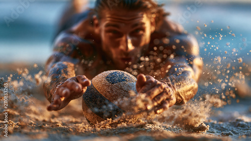 Athletic beach volleyball player diving low in warm evening light with sand flying and ocean background in energetic summer sports action