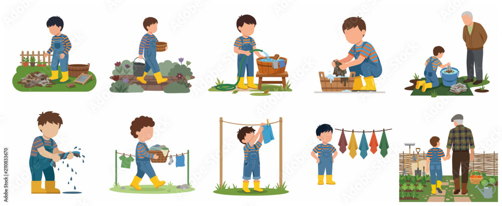 Fototapeta premium Illustrations set of a little boy helping with laundry and gardening tasks, washing clothes by hand, and spending time with his grandfather in the garden.
