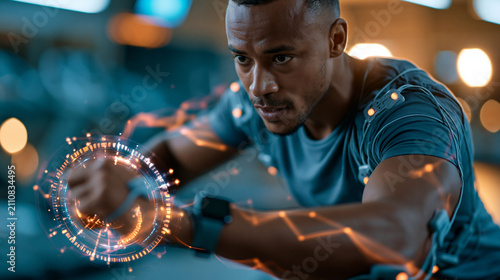 Athlete training in a high tech gym with wearable sensors, smart watch and motion tracking equipment for performance innovation
