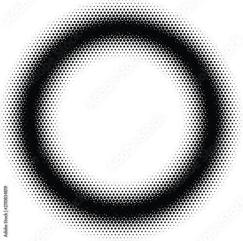 Circular ring shape made of black halftone dots with radial gradient, geometric frame on a white background for