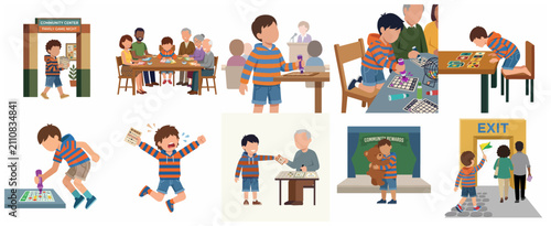 Photos Vector illustration set of a young boy participating in a community center famil