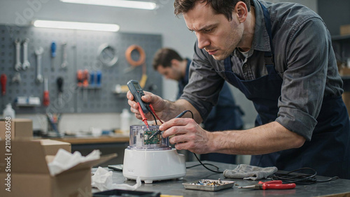Technician tests returned small appliance with digital multimeter