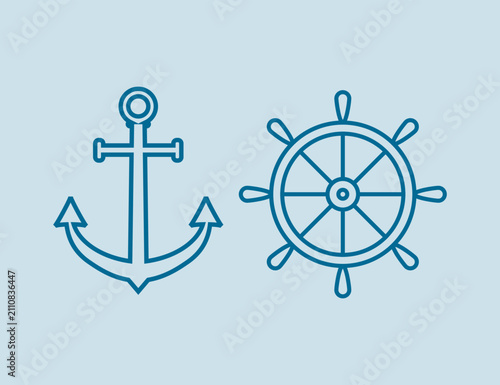 Nautical Anchor and Ship Wheel Line Icons on Light Blue Background for Maritime Design.